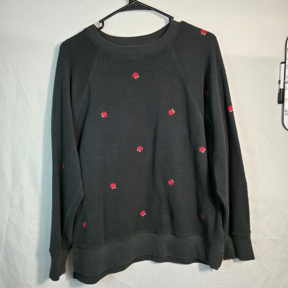 PINK Victoria's Secret Sweatshirt Womens Small Black Excellent Rose Embroidered
